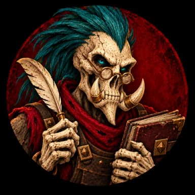 Der Troll-Schreiber von Dust and Bones mit Feder und Buch
